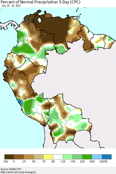 Northern South America Percent of Normal Precipitation 5-Day (CPC) Thematic Map For 2/16/2022 - 2/20/2022