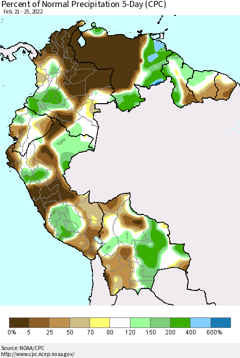 Northern South America Percent of Normal Precipitation 5-Day (CPC) Thematic Map For 2/21/2022 - 2/25/2022