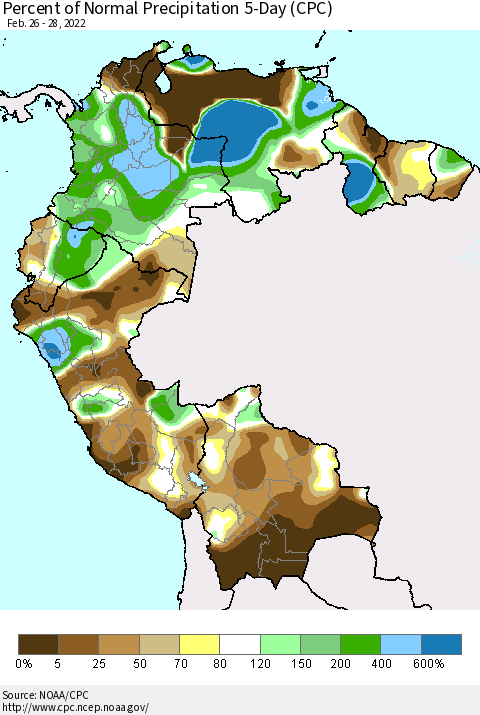 Northern South America Percent of Normal Precipitation 5-Day (CPC) Thematic Map For 2/26/2022 - 2/28/2022