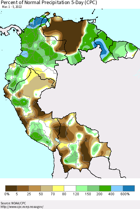 Northern South America Percent of Normal Precipitation 5-Day (CPC) Thematic Map For 3/1/2022 - 3/5/2022