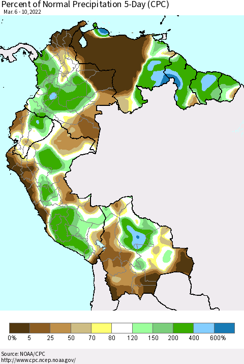 Northern South America Percent of Normal Precipitation 5-Day (CPC) Thematic Map For 3/6/2022 - 3/10/2022