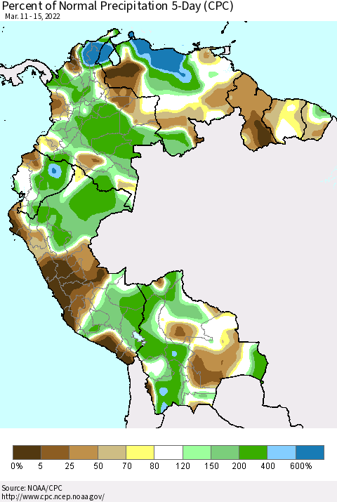 Northern South America Percent of Normal Precipitation 5-Day (CPC) Thematic Map For 3/11/2022 - 3/15/2022