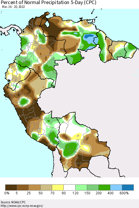 Northern South America Percent of Normal Precipitation 5-Day (CPC) Thematic Map For 3/16/2022 - 3/20/2022