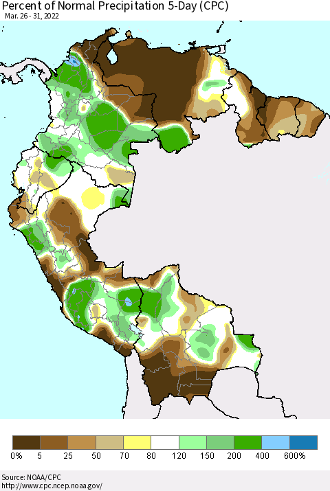 Northern South America Percent of Normal Precipitation 5-Day (CPC) Thematic Map For 3/26/2022 - 3/31/2022
