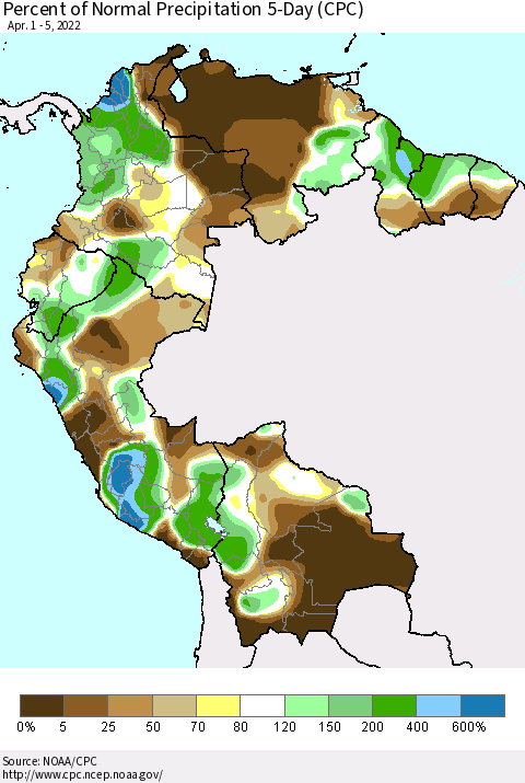 Northern South America Percent of Normal Precipitation 5-Day (CPC) Thematic Map For 4/1/2022 - 4/5/2022