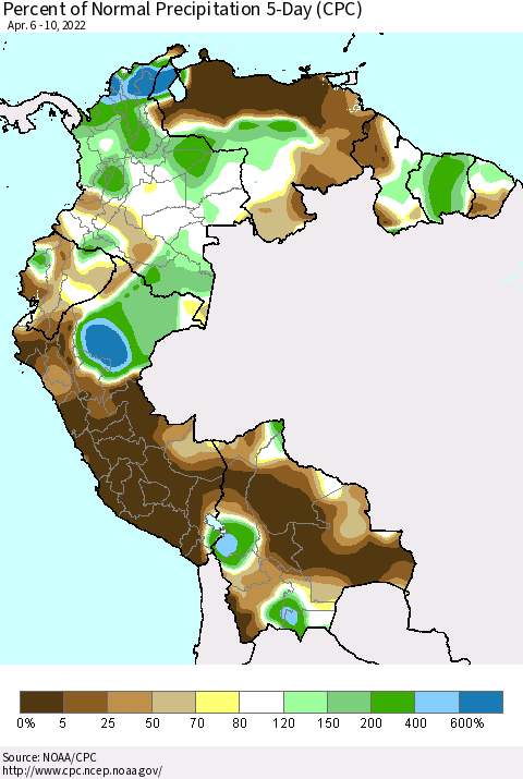 Northern South America Percent of Normal Precipitation 5-Day (CPC) Thematic Map For 4/6/2022 - 4/10/2022