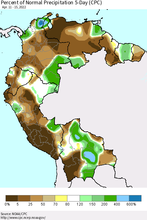 Northern South America Percent of Normal Precipitation 5-Day (CPC) Thematic Map For 4/11/2022 - 4/15/2022