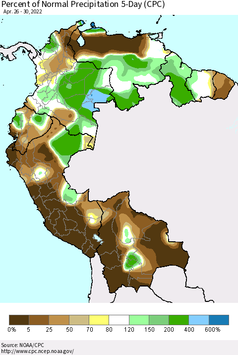 Northern South America Percent of Normal Precipitation 5-Day (CPC) Thematic Map For 4/26/2022 - 4/30/2022