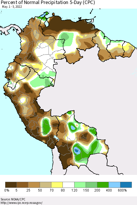 Northern South America Percent of Normal Precipitation 5-Day (CPC) Thematic Map For 5/1/2022 - 5/5/2022