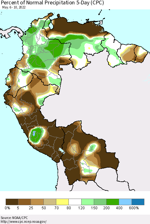 Northern South America Percent of Normal Precipitation 5-Day (CPC) Thematic Map For 5/6/2022 - 5/10/2022