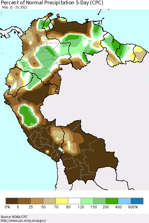 Northern South America Percent of Normal Precipitation 5-Day (CPC) Thematic Map For 5/21/2022 - 5/25/2022