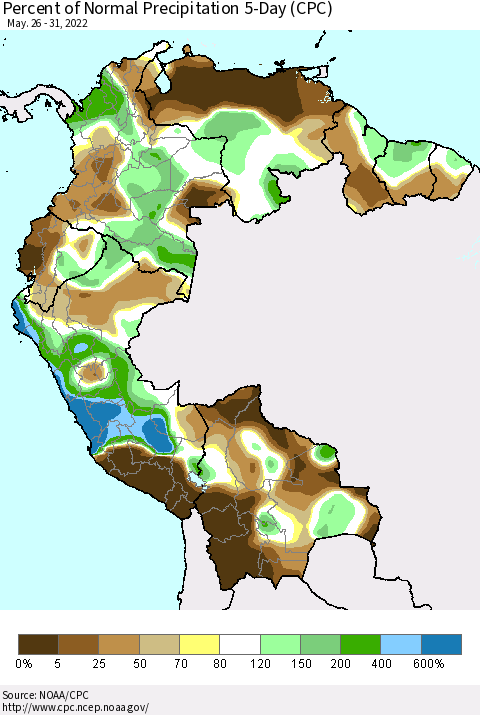Northern South America Percent of Normal Precipitation 5-Day (CPC) Thematic Map For 5/26/2022 - 5/31/2022