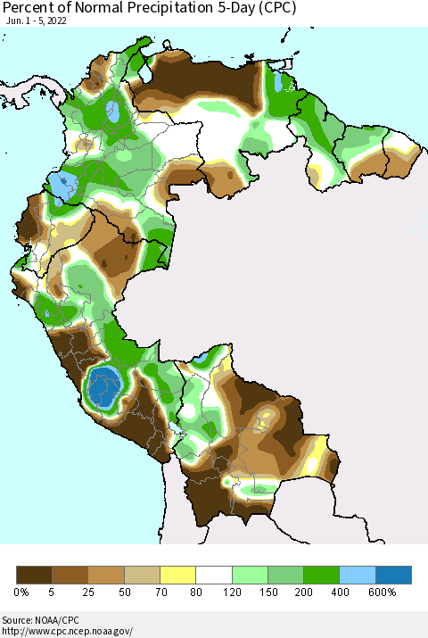 Northern South America Percent of Normal Precipitation 5-Day (CPC) Thematic Map For 6/1/2022 - 6/5/2022