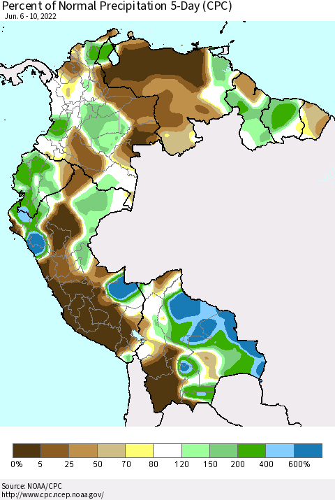 Northern South America Percent of Normal Precipitation 5-Day (CPC) Thematic Map For 6/6/2022 - 6/10/2022