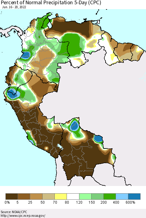 Northern South America Percent of Normal Precipitation 5-Day (CPC) Thematic Map For 6/16/2022 - 6/20/2022