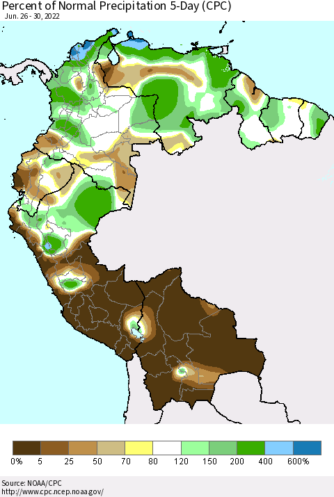 Northern South America Percent of Normal Precipitation 5-Day (CPC) Thematic Map For 6/26/2022 - 6/30/2022
