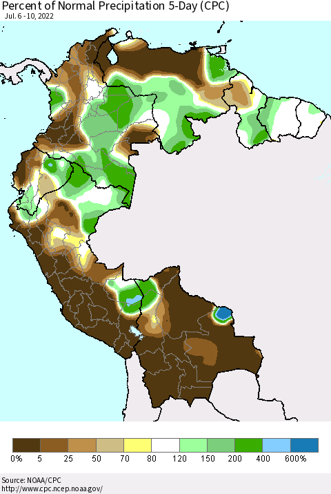 Northern South America Percent of Normal Precipitation 5-Day (CPC) Thematic Map For 7/6/2022 - 7/10/2022
