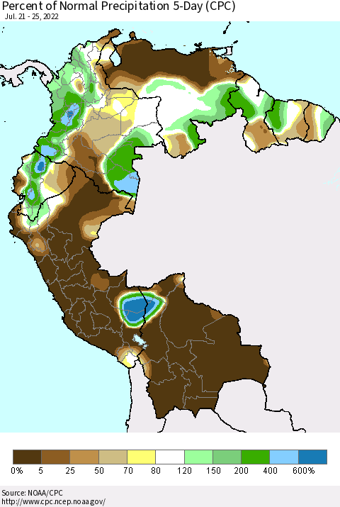 Northern South America Percent of Normal Precipitation 5-Day (CPC) Thematic Map For 7/21/2022 - 7/25/2022