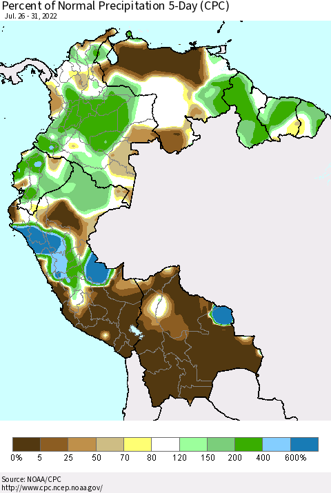 Northern South America Percent of Normal Precipitation 5-Day (CPC) Thematic Map For 7/26/2022 - 7/31/2022