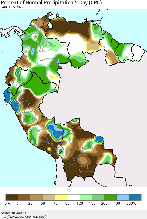 Northern South America Percent of Normal Precipitation 5-Day (CPC) Thematic Map For 8/1/2022 - 8/5/2022