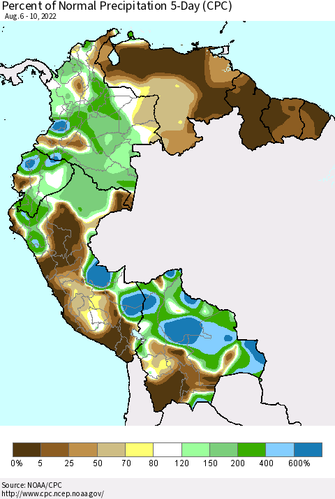 Northern South America Percent of Normal Precipitation 5-Day (CPC) Thematic Map For 8/6/2022 - 8/10/2022