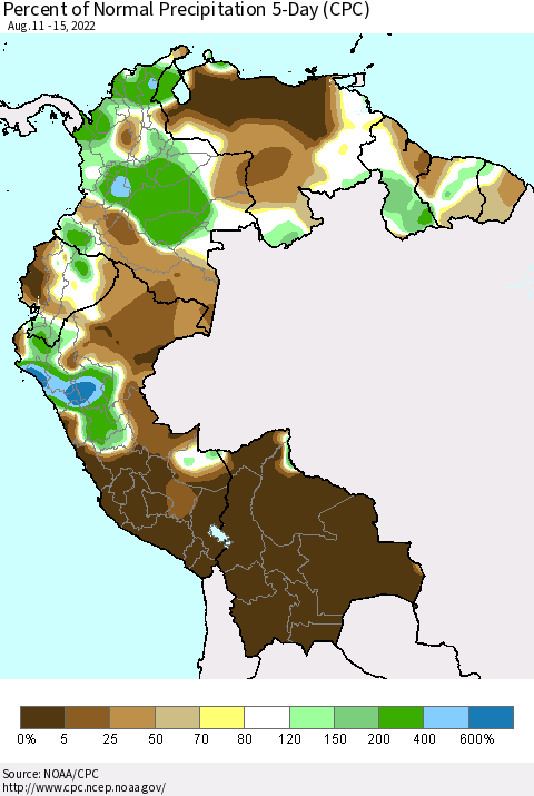 Northern South America Percent of Normal Precipitation 5-Day (CPC) Thematic Map For 8/11/2022 - 8/15/2022