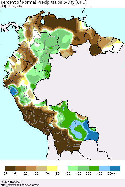 Northern South America Percent of Normal Precipitation 5-Day (CPC) Thematic Map For 8/16/2022 - 8/20/2022