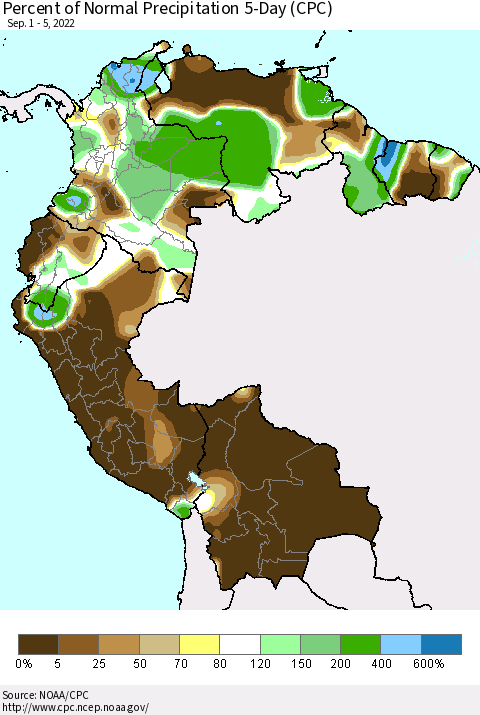 Northern South America Percent of Normal Precipitation 5-Day (CPC) Thematic Map For 9/1/2022 - 9/5/2022