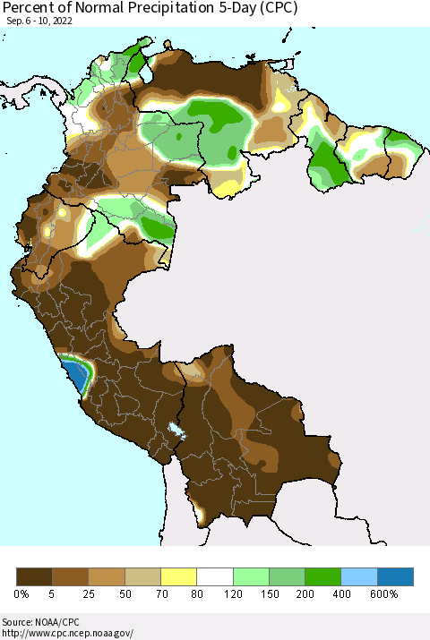 Northern South America Percent of Normal Precipitation 5-Day (CPC) Thematic Map For 9/6/2022 - 9/10/2022