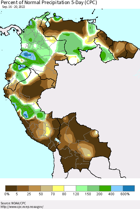 Northern South America Percent of Normal Precipitation 5-Day (CPC) Thematic Map For 9/16/2022 - 9/20/2022