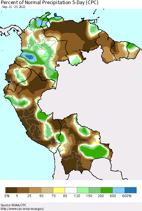 Northern South America Percent of Normal Precipitation 5-Day (CPC) Thematic Map For 9/21/2022 - 9/25/2022