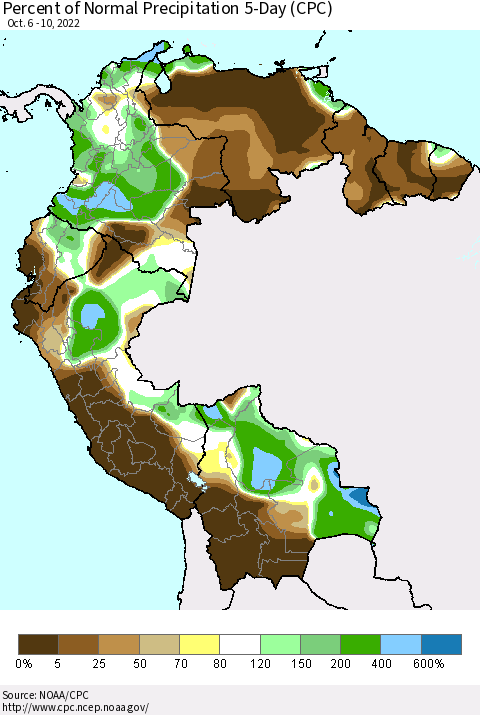 Northern South America Percent of Normal Precipitation 5-Day (CPC) Thematic Map For 10/6/2022 - 10/10/2022