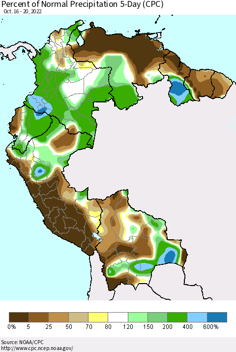 Northern South America Percent of Normal Precipitation 5-Day (CPC) Thematic Map For 10/16/2022 - 10/20/2022