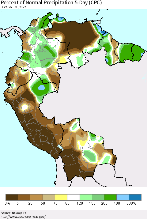 Northern South America Percent of Normal Precipitation 5-Day (CPC) Thematic Map For 10/26/2022 - 10/31/2022