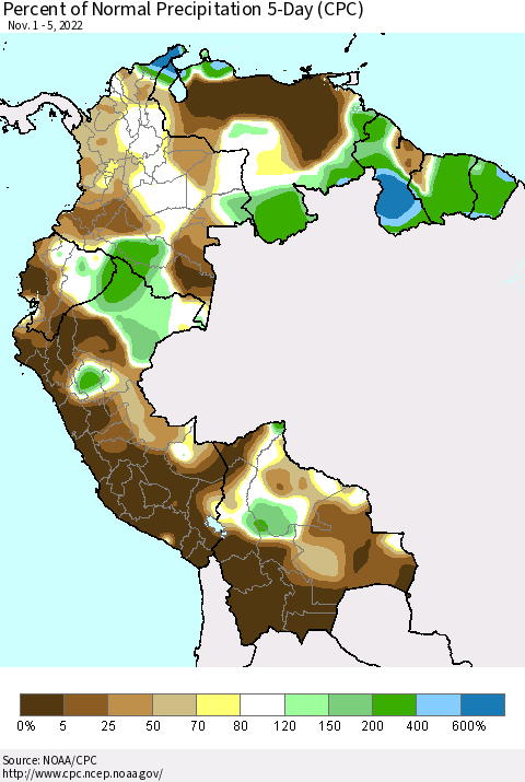 Northern South America Percent of Normal Precipitation 5-Day (CPC) Thematic Map For 11/1/2022 - 11/5/2022