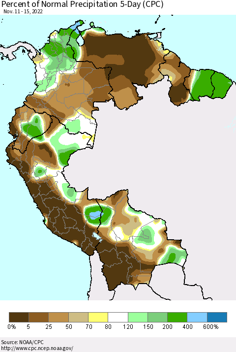 Northern South America Percent of Normal Precipitation 5-Day (CPC) Thematic Map For 11/11/2022 - 11/15/2022