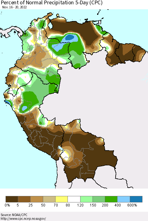 Northern South America Percent of Normal Precipitation 5-Day (CPC) Thematic Map For 11/16/2022 - 11/20/2022