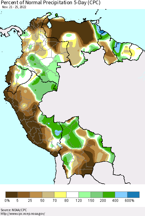 Northern South America Percent of Normal Precipitation 5-Day (CPC) Thematic Map For 11/21/2022 - 11/25/2022
