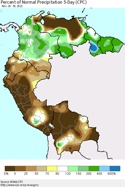 Northern South America Percent of Normal Precipitation 5-Day (CPC) Thematic Map For 11/26/2022 - 11/30/2022