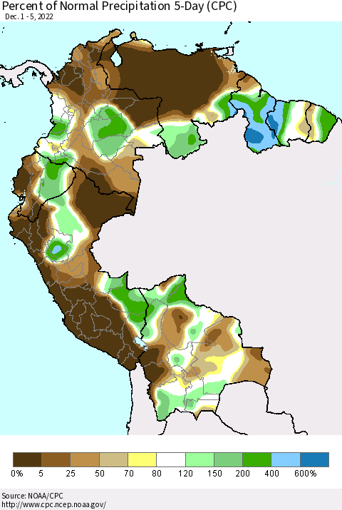 Northern South America Percent of Normal Precipitation 5-Day (CPC) Thematic Map For 12/1/2022 - 12/5/2022