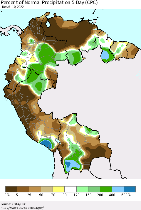 Northern South America Percent of Normal Precipitation 5-Day (CPC) Thematic Map For 12/6/2022 - 12/10/2022
