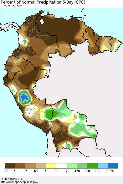 Northern South America Percent of Normal Precipitation 5-Day (CPC) Thematic Map For 12/21/2022 - 12/25/2022