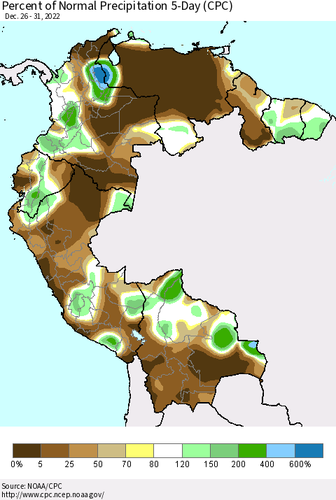 Northern South America Percent of Normal Precipitation 5-Day (CPC) Thematic Map For 12/26/2022 - 12/31/2022