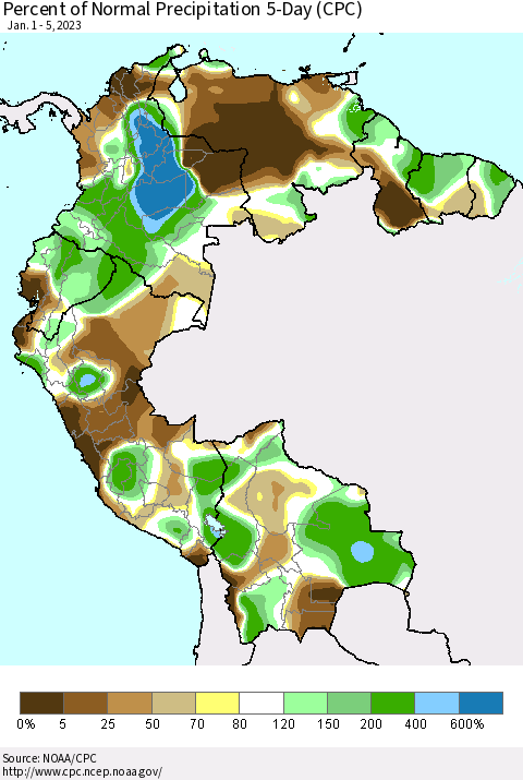 Northern South America Percent of Normal Precipitation 5-Day (CPC) Thematic Map For 1/1/2023 - 1/5/2023