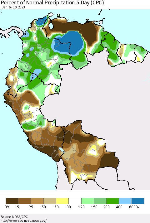 Northern South America Percent of Normal Precipitation 5-Day (CPC) Thematic Map For 1/6/2023 - 1/10/2023