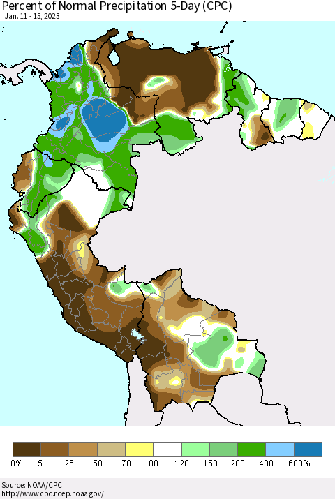 Northern South America Percent of Normal Precipitation 5-Day (CPC) Thematic Map For 1/11/2023 - 1/15/2023
