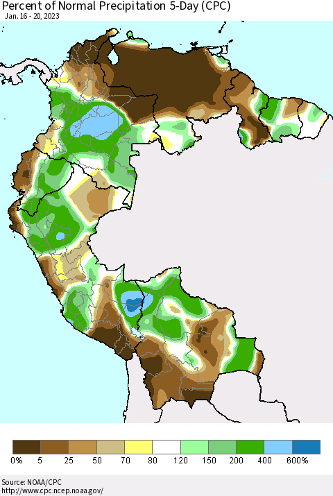 Northern South America Percent of Normal Precipitation 5-Day (CPC) Thematic Map For 1/16/2023 - 1/20/2023