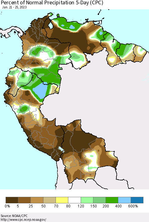 Northern South America Percent of Normal Precipitation 5-Day (CPC) Thematic Map For 1/21/2023 - 1/25/2023