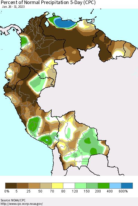 Northern South America Percent of Normal Precipitation 5-Day (CPC) Thematic Map For 1/26/2023 - 1/31/2023