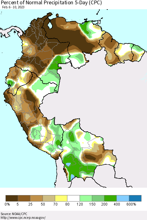 Northern South America Percent of Normal Precipitation 5-Day (CPC) Thematic Map For 2/6/2023 - 2/10/2023